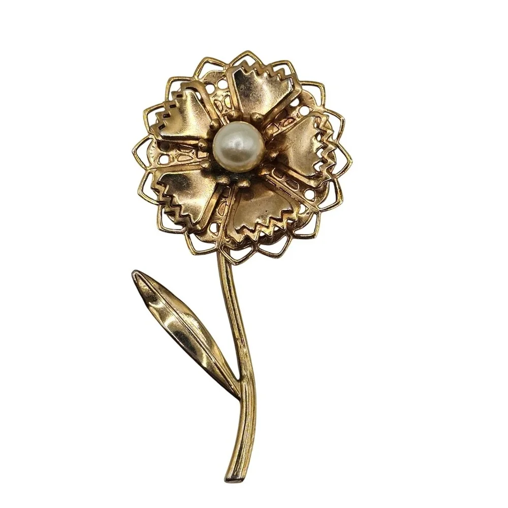 Vtg Brooch Lot 2pc Gold Tone Faux Pearl Statement 2.5
